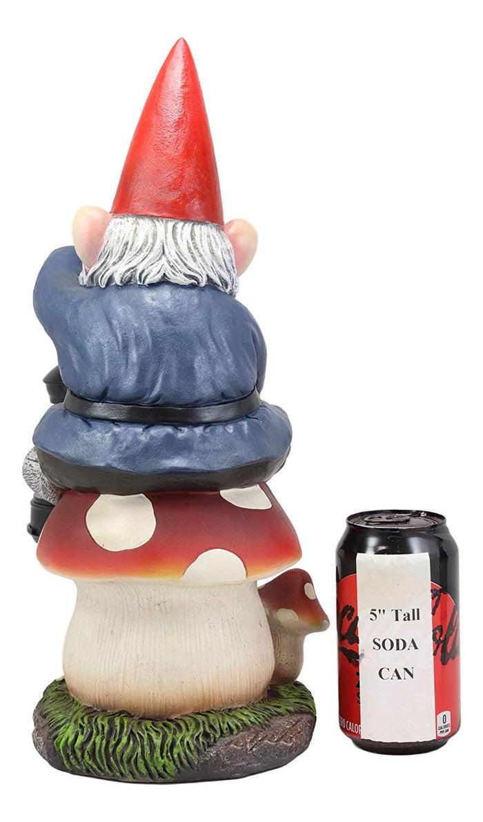 Ebros Large Whimsical Big Eyed Mr Gnome Sitting On Giant Toadstool Mushroom Holding Out Solar LED Lantern Light Statue 15" Tall For Patio Garden Lawn Home Decor Gnomes Figurine