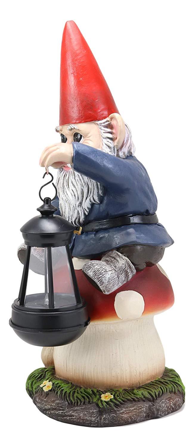 Ebros Large Whimsical Big Eyed Mr Gnome Sitting On Giant Toadstool Mushroom Holding Out Solar LED Lantern Light Statue 15" Tall For Patio Garden Lawn Home Decor Gnomes Figurine