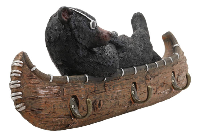 Ebros Large Whimsical Rustic Black Bear With Sunglasses River Cruising On Canoe 3 Pegs Wall Hooks 17" Long Hanger Forest Jungle Wall Mount Coat Hat Keys Hook Decor Hanging Sculpture Plaque Figurine