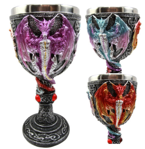Ebros Large Winged Red Purple Blue Triad Dragon Wine Drink Goblet Cup Chalice