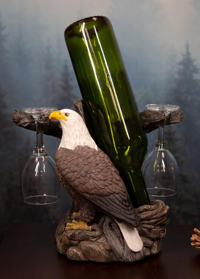 Ebros Liberty American Bald Eagle Wine Valet As Bottle & 2 Glasses Holder Statue