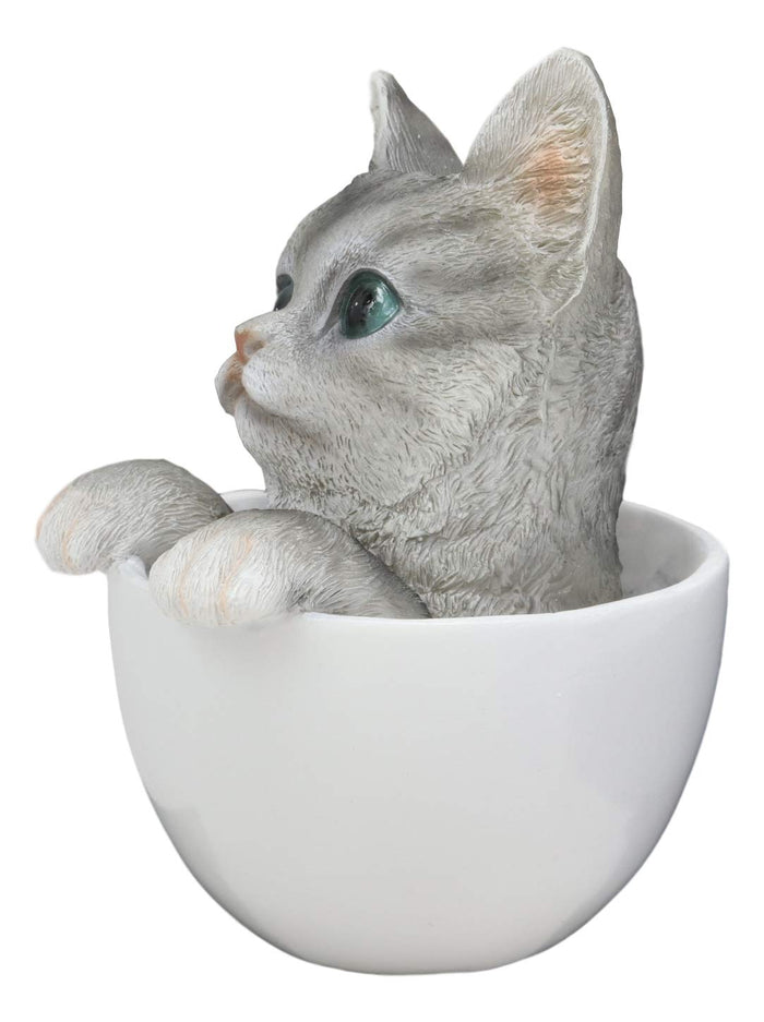 Ebros Lifelike Grey Tabby Cat In White Teacup Pet Pal Statue 6" Tall Kitten Kitty Gray Cats With Glass Eyes Decor Figurine
