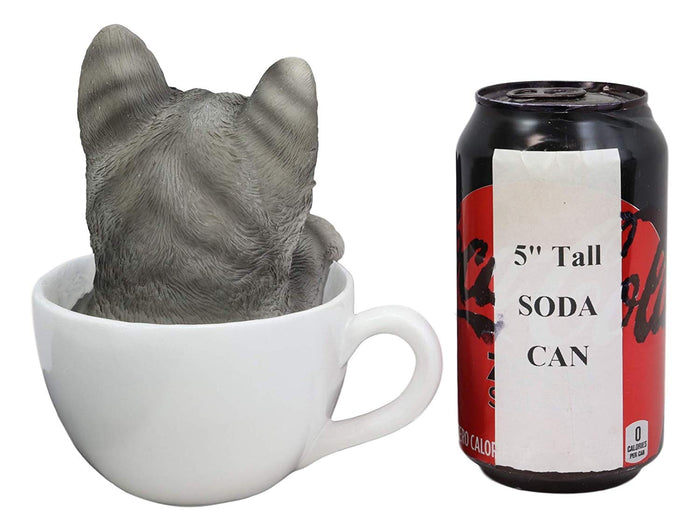 Ebros Lifelike Grey Tabby Cat In White Teacup Pet Pal Statue 6" Tall Kitten Kitty Gray Cats With Glass Eyes Decor Figurine