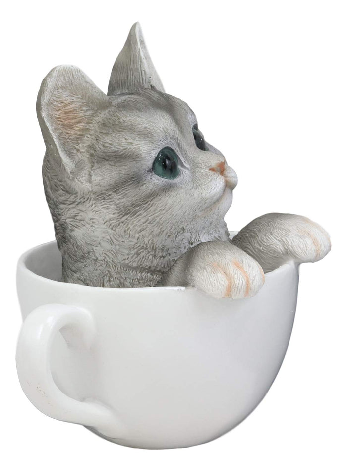 Ebros Lifelike Grey Tabby Cat In White Teacup Pet Pal Statue 6" Tall Kitten Kitty Gray Cats With Glass Eyes Decor Figurine