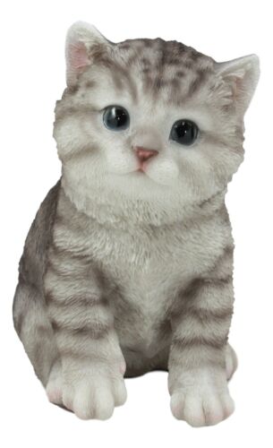 Ebros Lifelike Sitting Grey Tabby Cat Statue 6.75" Tall With Glass Eyes Hand Painted Realistic Feline Kitten Cat Decor Figurine