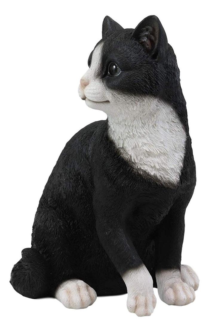 Ebros Lifelike Sitting Tuxedo Black And White Cat With Paw Up Statue 10.25" Tall Realistic Glass Eyes Hand Painted Feline Cats Kittens Kitties Animal Pet Sculpture Decor Figurine
