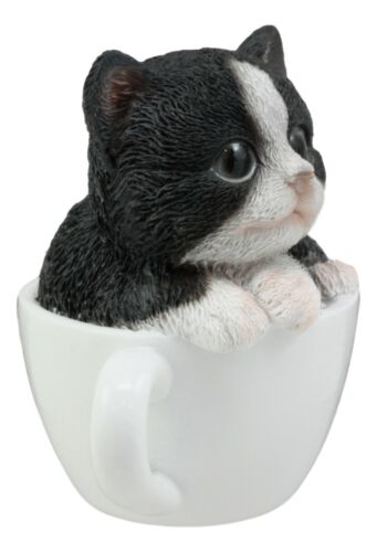 Ebros Lifelike Tuxedo Black And White Cat Teacup Pet Pal Statue 3" Tall Kitten Kitty With Glass Eyes Decor Figurine