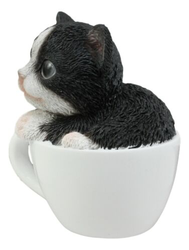 Ebros Lifelike Tuxedo Black And White Cat Teacup Pet Pal Statue 3" Tall Kitten Kitty With Glass Eyes Decor Figurine