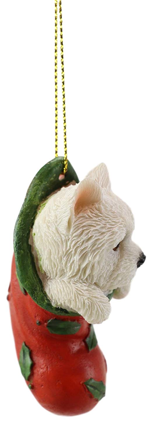 Ebros Lifelike White Westie In The Sock Small Hanging Ornament Figurine With Glass Eyes Adorable West Highland Terrier Holiday Festive Season Decor For Christmas Trees Animal Pet Collectible