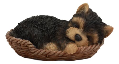 Ebros Lifelike Yorkshire Terrier Puppy Dog Sleeping In Wicker Basket Statue Yorkie Pet