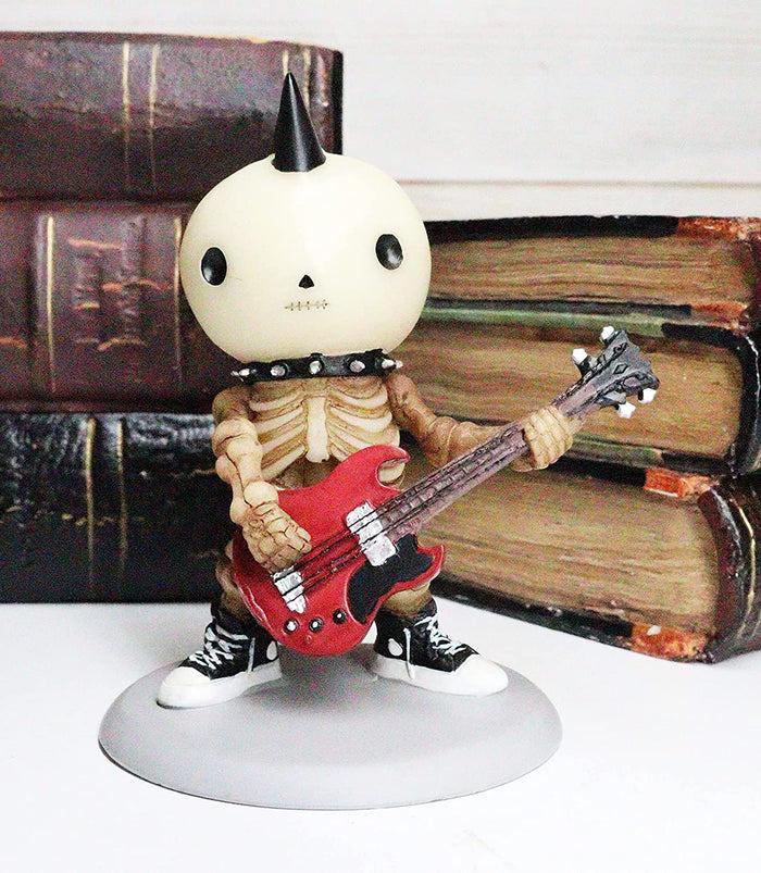 Ebros Lightning Lucky The Rock Star Skeleton Electric Bass Guitar With Spiked Mohawk Statue 3.75" Tall Unfortunate Luck Of The Lightning Bassist Rocker Skulls Skeletons Collectible Figurine