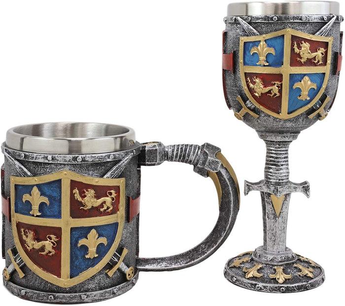 Ebros Lion And Fleur De Lis Coat Of Arms Crusader Knights Wine Goblet And Mug