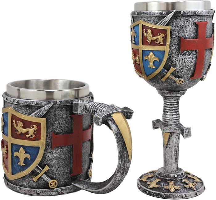 Ebros Lion And Fleur De Lis Coat Of Arms Crusader Knights Wine Goblet And Mug