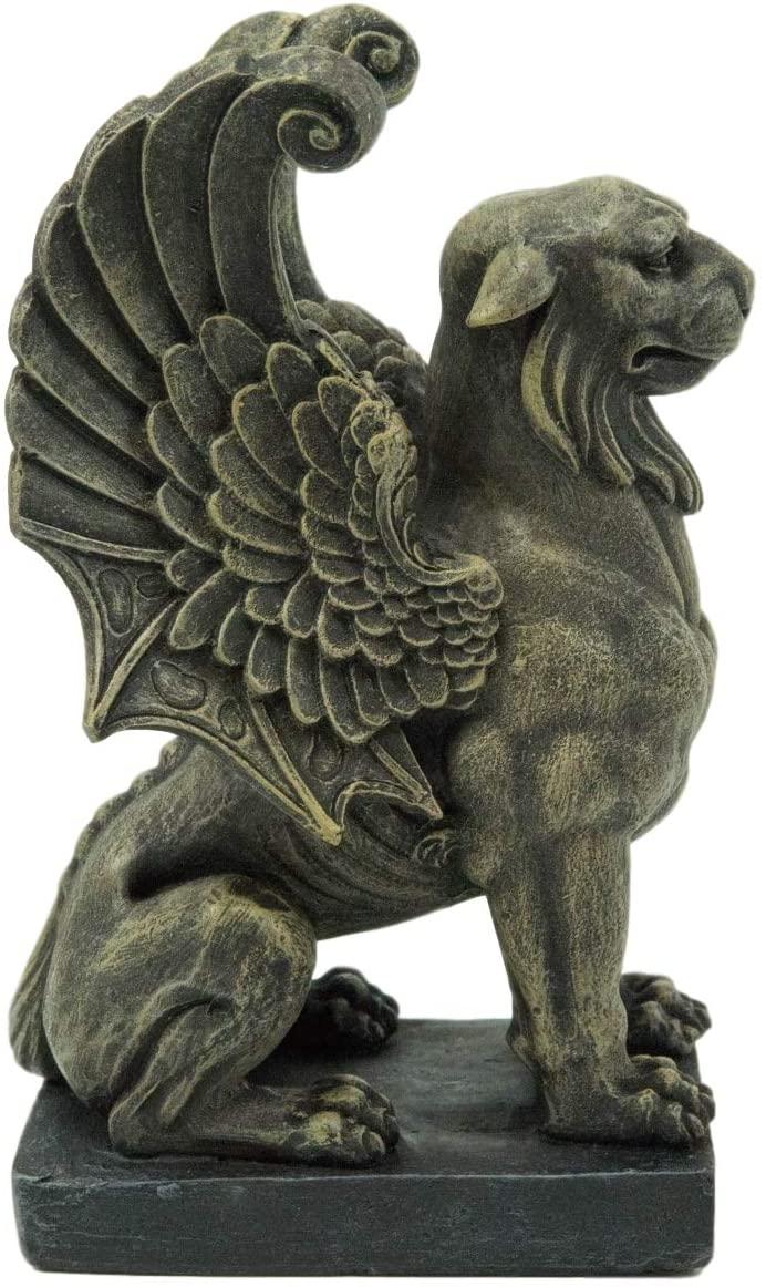 Ebros Lion Gargoyle With Griffin Wings Crouching On Pedestal Statue 6.5" Tall
