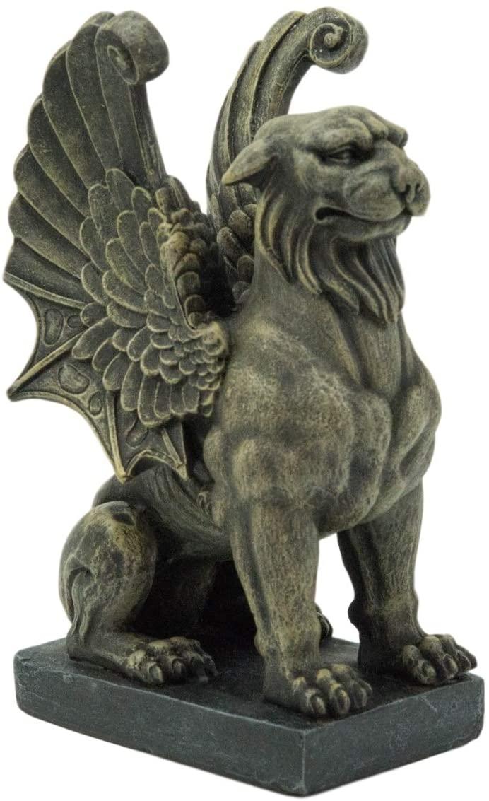 Ebros Lion Gargoyle With Griffin Wings Crouching On Pedestal Statue 6.5" Tall