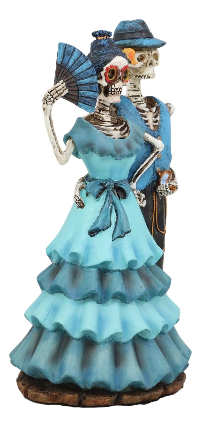 Ebros Love Never Dies Wedding Bride With Fan And Groom Skeleton Couple In Blue Outfits Figurine 7" Tall Day Of The Dead DOD Skulls Ossuary Macabre Graveyard Spooky Halloween Decor Statue