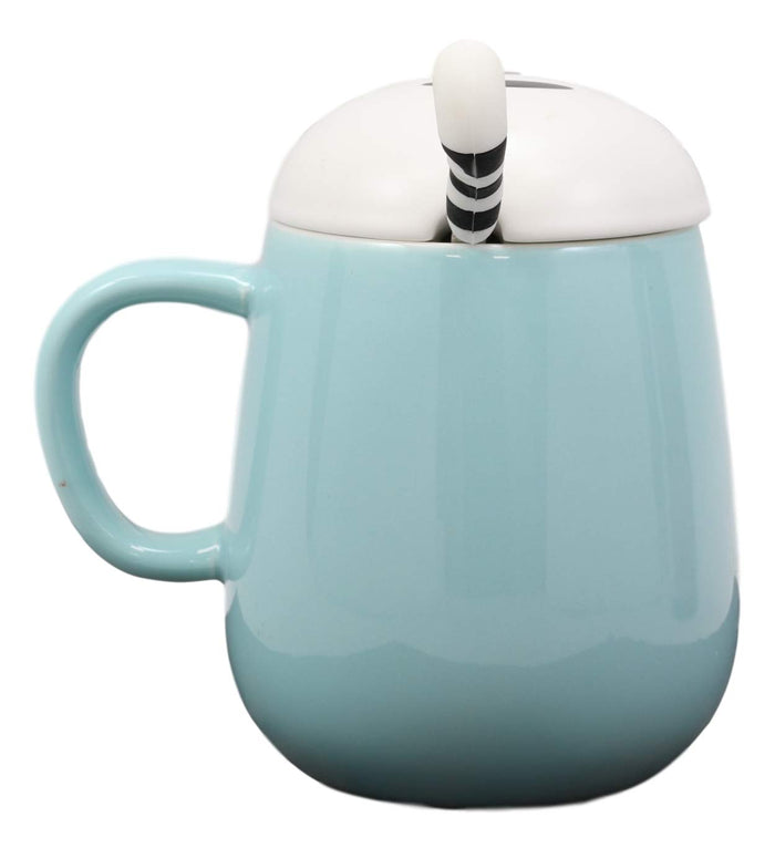 Ebros Lovely Cat Paw Prints With Tuxedo Cat Lid Blue Ceramic Coffee Tea Mug Drink Cup With Striped Cat Tail Spoon 15oz Animal Pets Cats Kittens