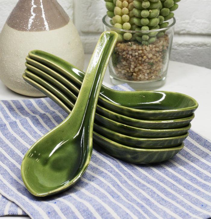 Ebros Made In Japan Modern Glazed Ceramic Shades Of Green Soup Spoons Set Of 6