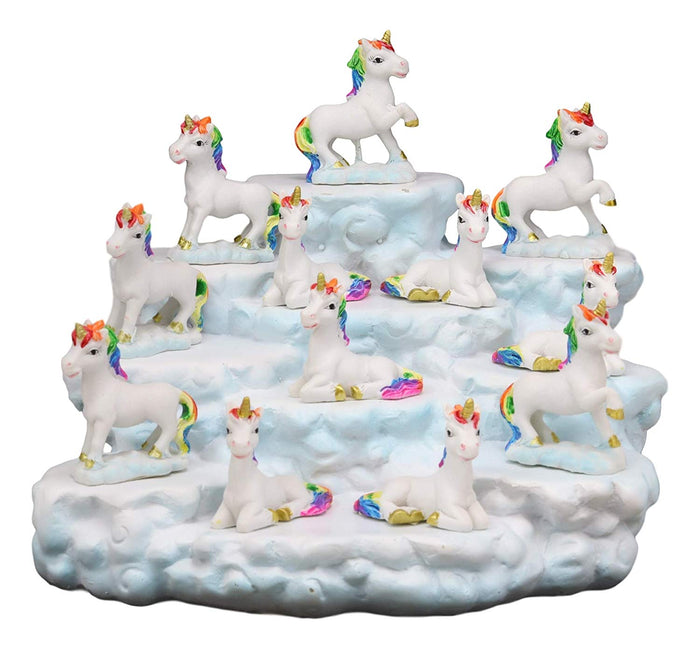 Ebros Magical Clear Blue Sky Clouds Terrace Castle Display Stand Figurine With 12 Miniature Rainbow Unicorns With Golden Horns Decorative Fairy Garden Accent Centerpiece Set