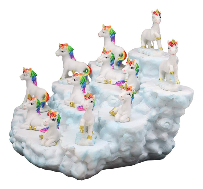 Ebros Magical Clear Blue Sky Clouds Terrace Castle Display Stand Figurine With 12 Miniature Rainbow Unicorns With Golden Horns Decorative Fairy Garden Accent Centerpiece Set
