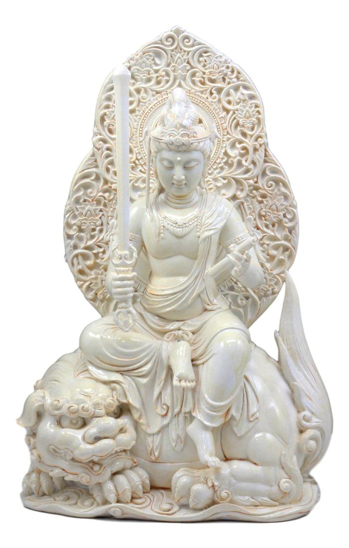 Ebros Marble Finish Bodhisattva Manjushri Sitting On Lion Statue 11.25"H Eastern Enlightenment Guardian Of Knowledge & Sacred Doctrine Figurine Ebros Marble Finish Bodhisattva Manjushri Sitting On Lion Statue 11.25"H Eastern Enlightenment Guardian Of Knowledge & Sacred Doctrine Figurine