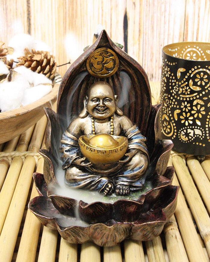 Ebros Matreiya Happy Laughing Buddha Hotei Carrying Gold Ingot Seated On Ohm Lotus Padma Throne Backflow Cone Incense Burner Statue 6"Tall