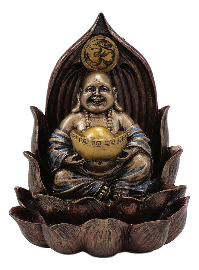 Ebros Matreiya Happy Laughing Buddha Hotei Carrying Gold Ingot Seated On Ohm Lotus Padma Throne Backflow Cone Incense Burner Statue 6"Tall