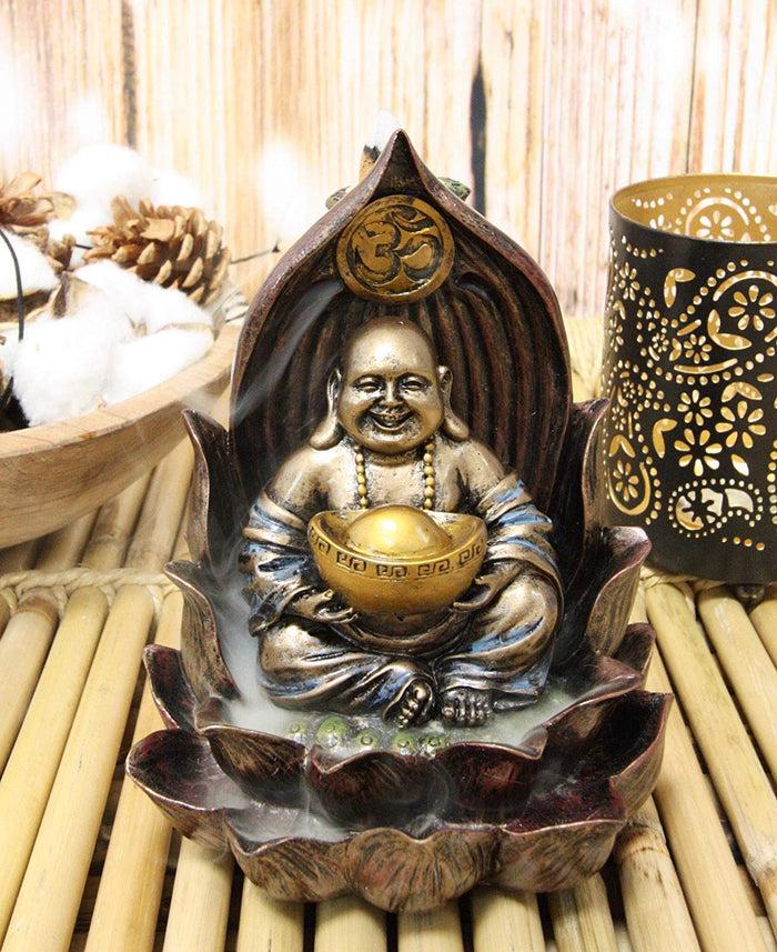 Ebros Matreiya Happy Laughing Buddha Hotei Carrying Gold Ingot Seated On Ohm Lotus Padma Throne Backflow Cone Incense Burner Statue 6"Tall Ebros Matreiya Happy Laughing Buddha Hotei Carrying Gold Ingot Seated On Ohm Lotus Padma Throne Backflow Cone Incense Burner Statue 6"Tall