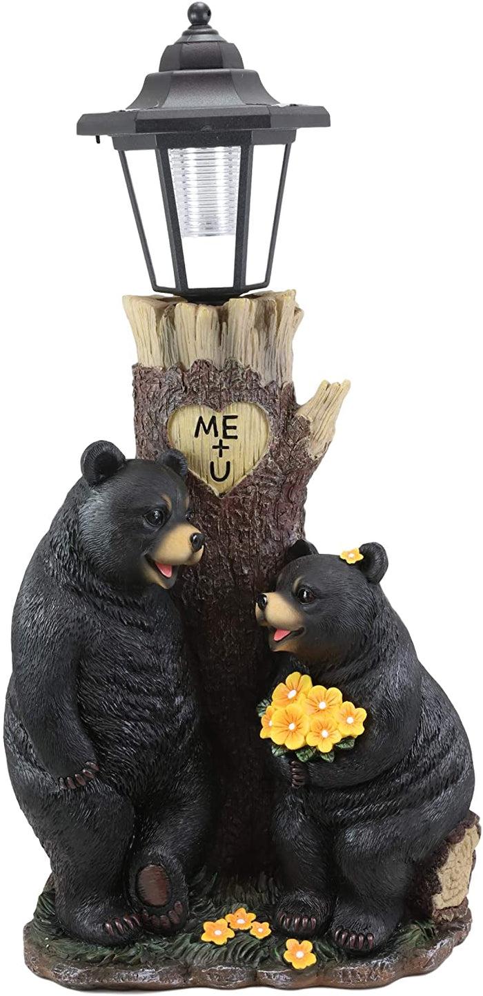 Ebros Me + U Black Bear Couple Outpost Statue With Solar LED Light Lantern Decor