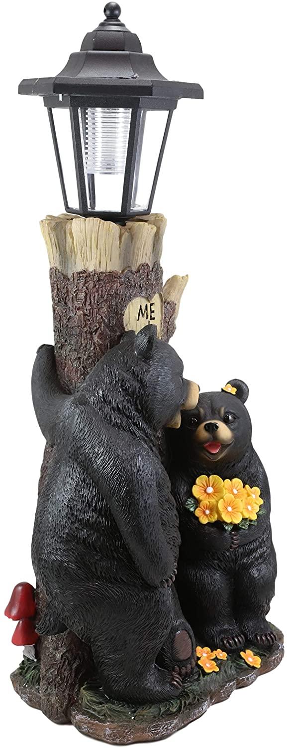 Ebros Me + U Black Bear Couple Outpost Statue With Solar LED Light Lantern Decor