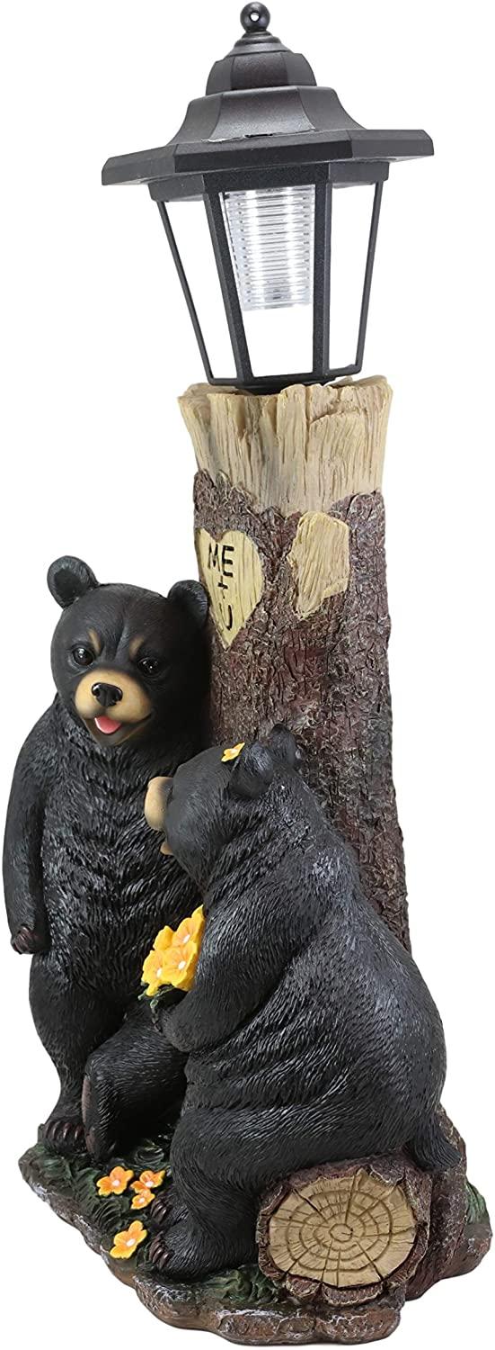 Ebros Me + U Black Bear Couple Outpost Statue With Solar LED Light Lantern Decor