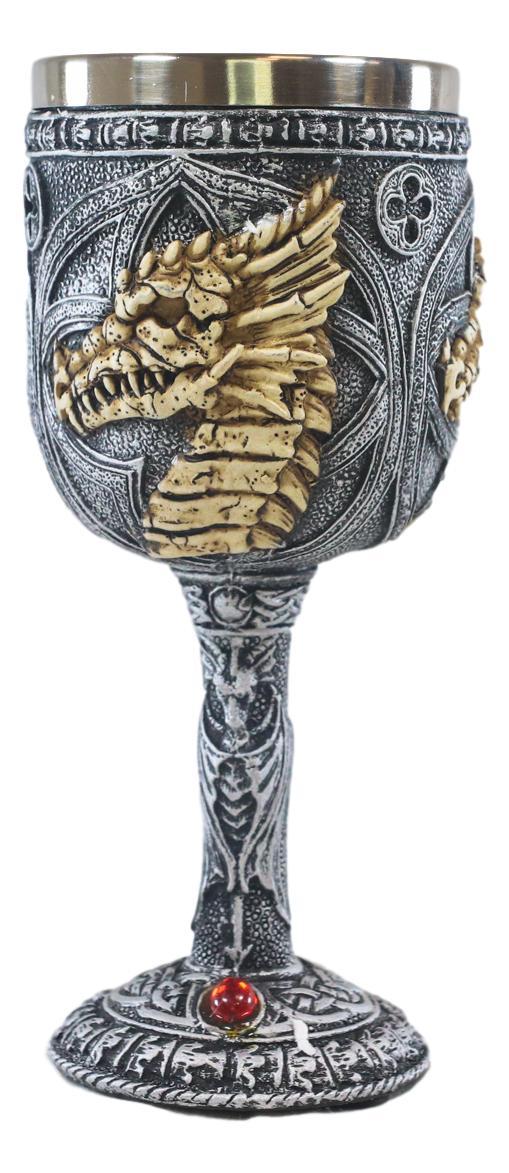 Ebros Medieval Fantasy Rune Dragon Skeleton Fossil 5oz Wine Drink Goblet Chalice