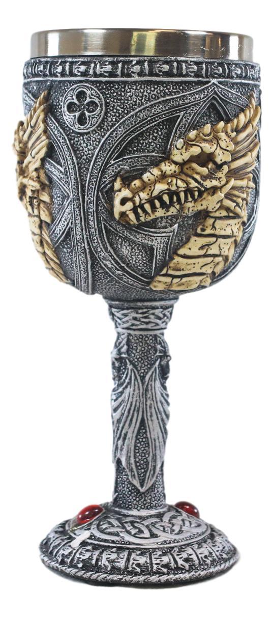 Ebros Medieval Fantasy Rune Dragon Skeleton Fossil 5oz Wine Drink Goblet Chalice