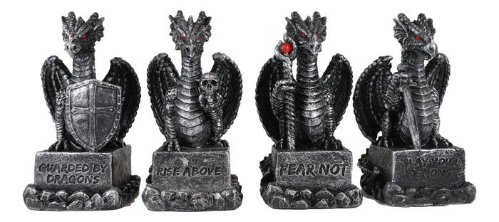 Ebros Medieval Inspirations Guardian Dragons W/ Shield Sword Staff And Skull Set Of 4