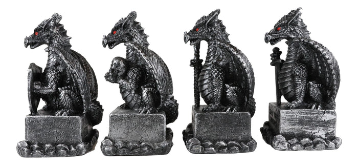 Ebros Medieval Inspirations Guardian Dragons W/ Shield Sword Staff And Skull Set Of 4