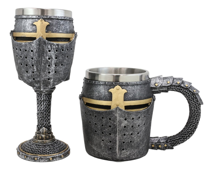 Ebros Medieval Knight Suit Of Armor Helm Drinkware Set Of 2 Wine Goblet And Mug