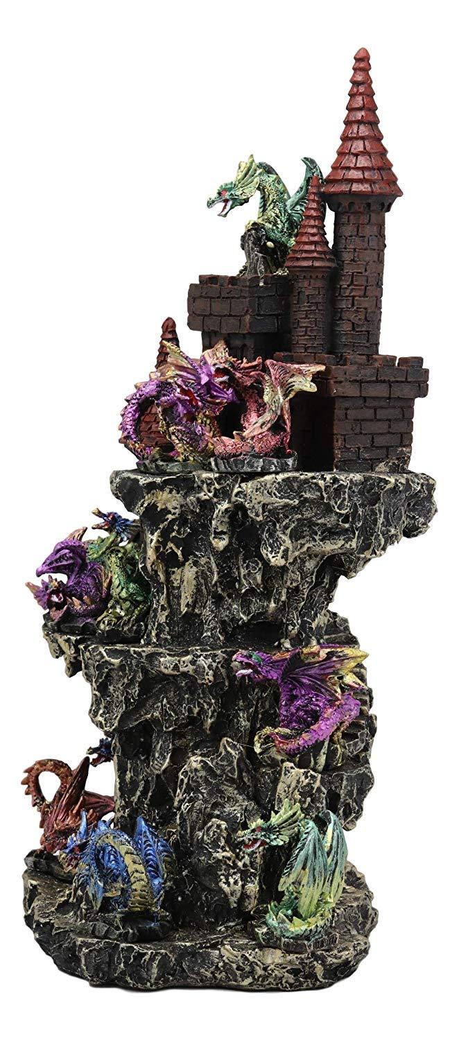 Ebros Medieval Renaissance Castle Tower Fortress By Stepped Rocky Cliff Display Stand Statue With 12 Miniature Dragons In Different Poses Figurine 13 Piece Set Featuring Color Changing LED Night Light