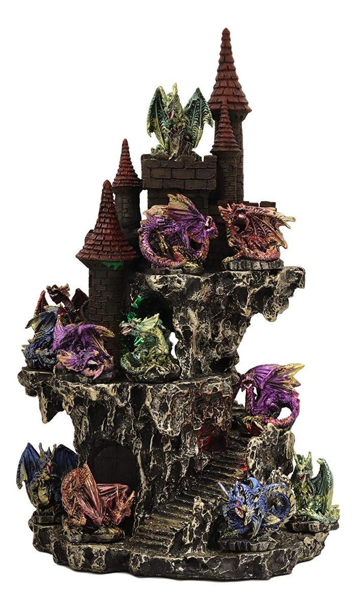 Ebros Medieval Renaissance Castle Tower Fortress By Stepped Rocky Cliff Display Stand Statue With 12 Miniature Dragons In Different Poses Figurine 13 Piece Set Featuring Color Changing LED Night Light