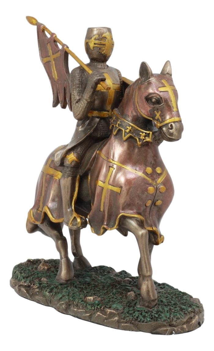 Ebros Medieval Suit Of Armor Crusader Knight With Rally Flag On Cavalry Horse Statue 6.75" Long Renaissance Knighthood Collectible Decor Figurine As Gifts For Men Boys Old World Kingdom Decore