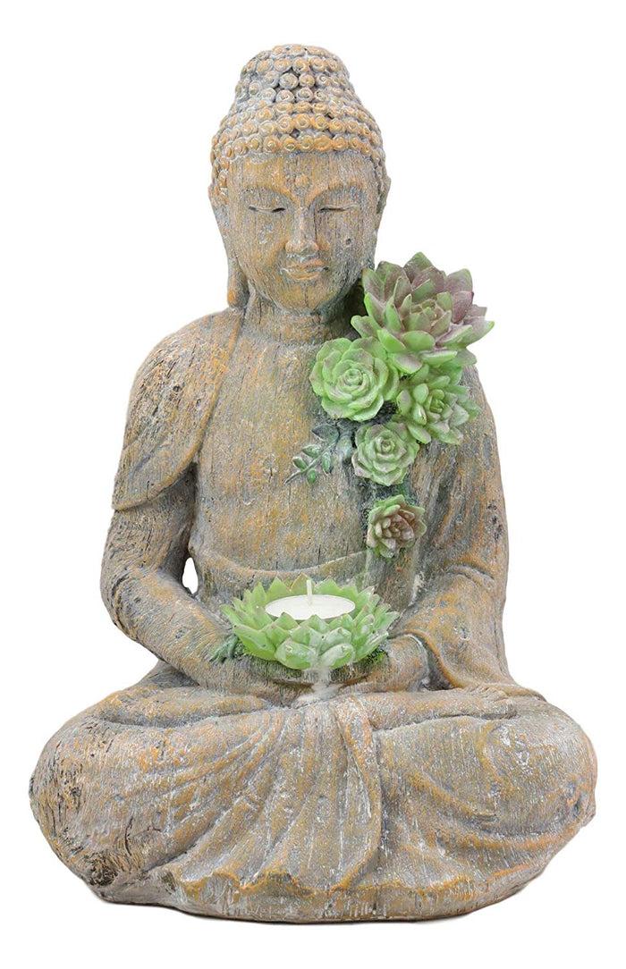 Ebros Meditating Shakyamuni Buddha Gautama With Ushnisha Head And Floral Succulents Lotus Votive Tea Light Candle Holder Statue 13" H In Faux Stone Finish Buddhism Bodhisattva Feng Shui Zen Figurine