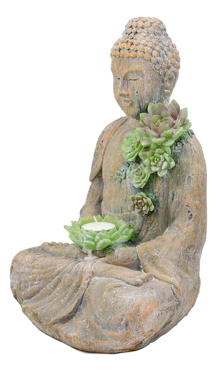 Ebros Meditating Shakyamuni Buddha Gautama With Ushnisha Head And Floral Succulents Lotus Votive Tea Light Candle Holder Statue 13" H In Faux Stone Finish Buddhism Bodhisattva Feng Shui Zen Figurine