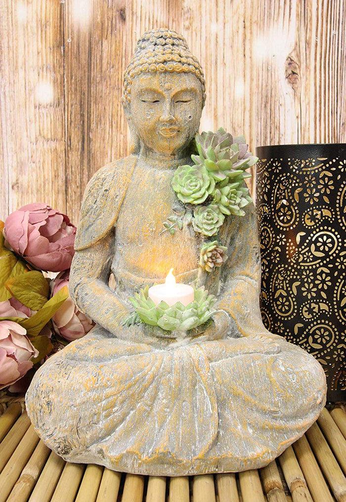 Ebros Meditating Shakyamuni Buddha Gautama with Ushnisha Head and Floral Succulents Lotus Votive Tea Light Candle Holder Statue 13" H in Faux Stone Finish Buddhism Bodhisattva Feng Shui Zen Figurine Ebros Meditating Shakyamuni Buddha Gautama with Ushnisha Head and Floral Succulents Lotus Votive Tea Light Candle Holder Statue 13" H in Faux Stone Finish Buddhism Bodhisattva Feng Shui Zen Figurine