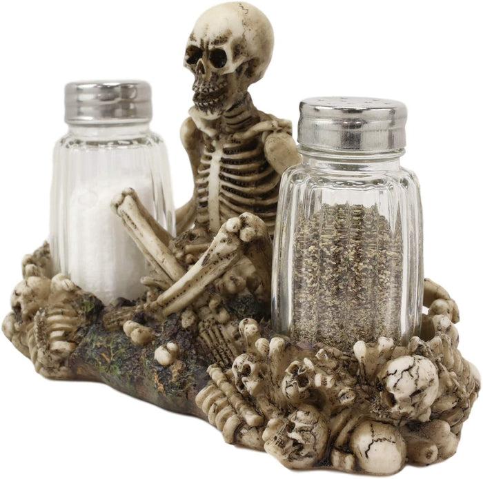 Ebros Meditating Skeleton On Graveyard Of Skulls Salt & Pepper Shakers Holder