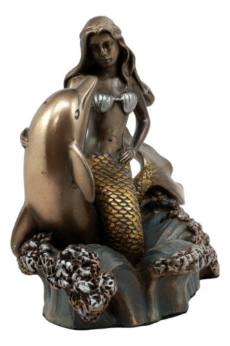 Ebros Mermaid Embracing Dolphin By Ocean Waves Statue 4.5"L Nautical Decor