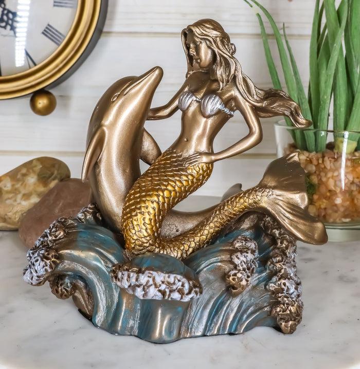 Ebros Mermaid Embracing Dolphin By Ocean Waves Statue 4.5"L Nautical Decor