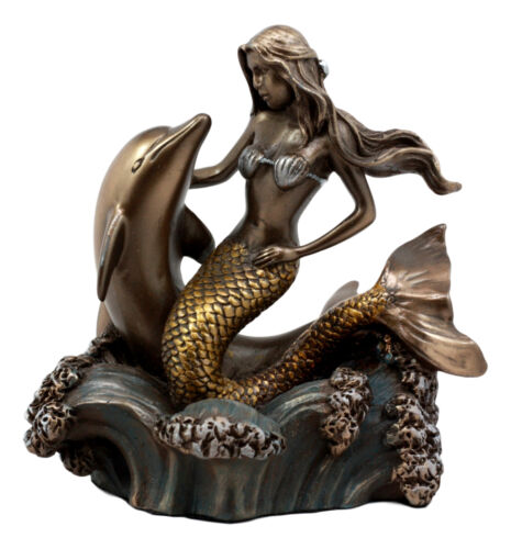 Ebros Mermaid Embracing Dolphin By Ocean Waves Statue 4.5"L Nautical Decor