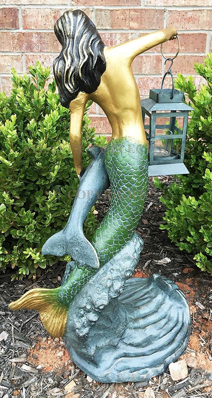 Ebros Mermaid With Dolphin Holding Candle Lantern Statue Candleholder Garden