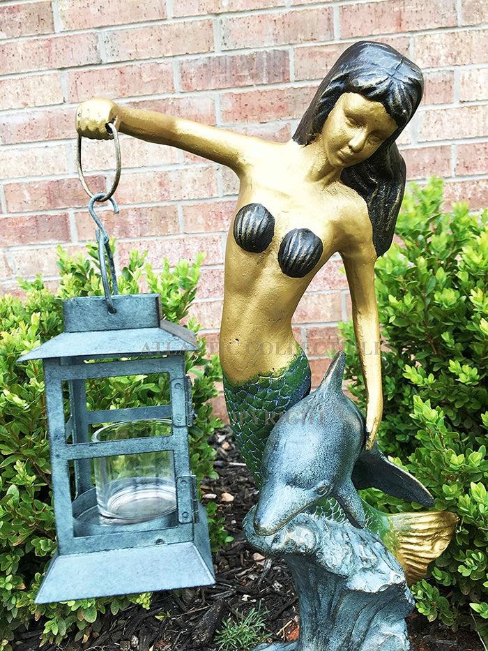 Ebros Mermaid With Dolphin Holding Candle Lantern Statue Candleholder Garden