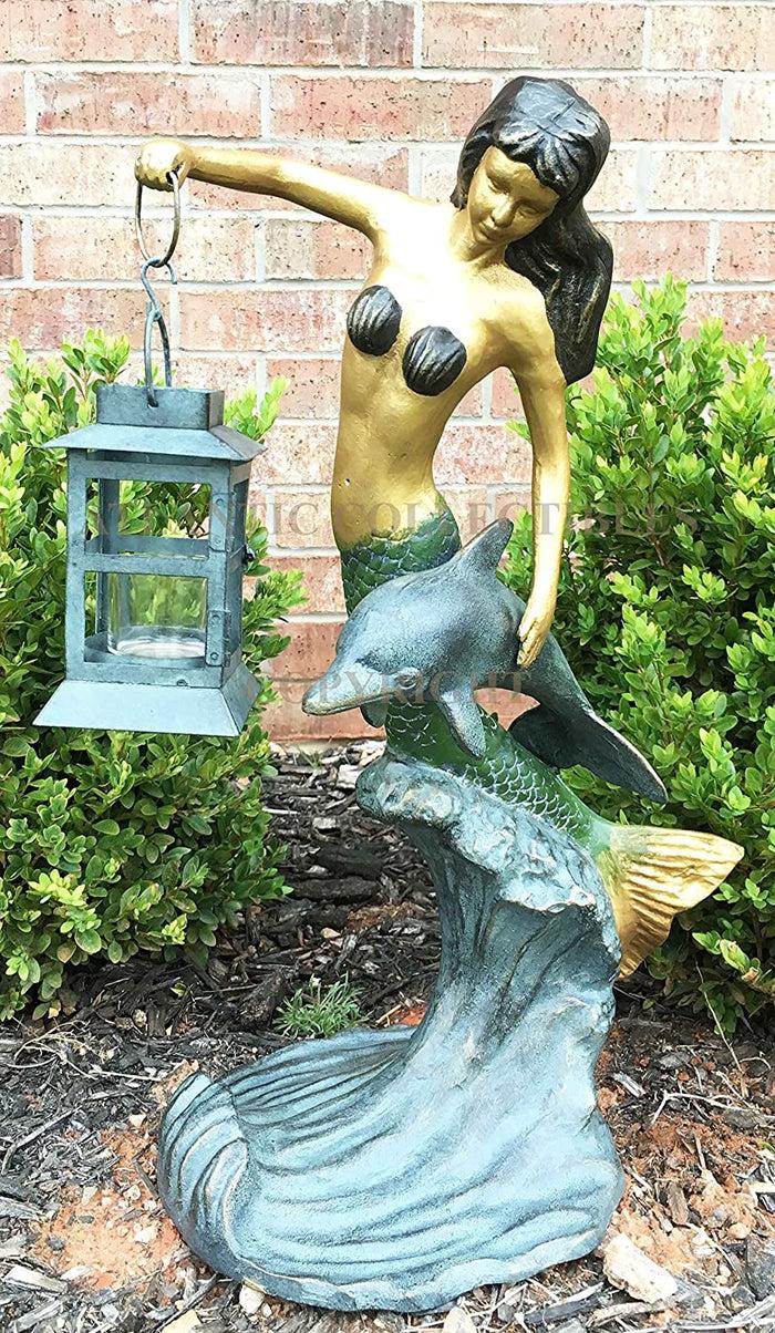 Ebros Mermaid With Dolphin Holding Candle Lantern Statue Candleholder Garden