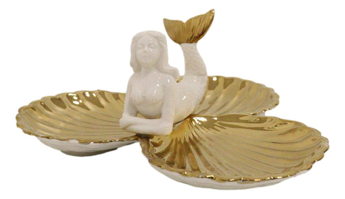 Ebros Mermaid With Three Golden Clam Shells Jewelry Dish Holder Figurine 9" L Art Nouveau Decor